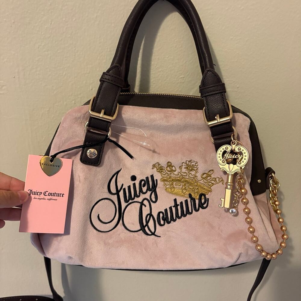 NWT Juicy Couture Pink Velour Gothic Crown Satchel & Crossbody Bag